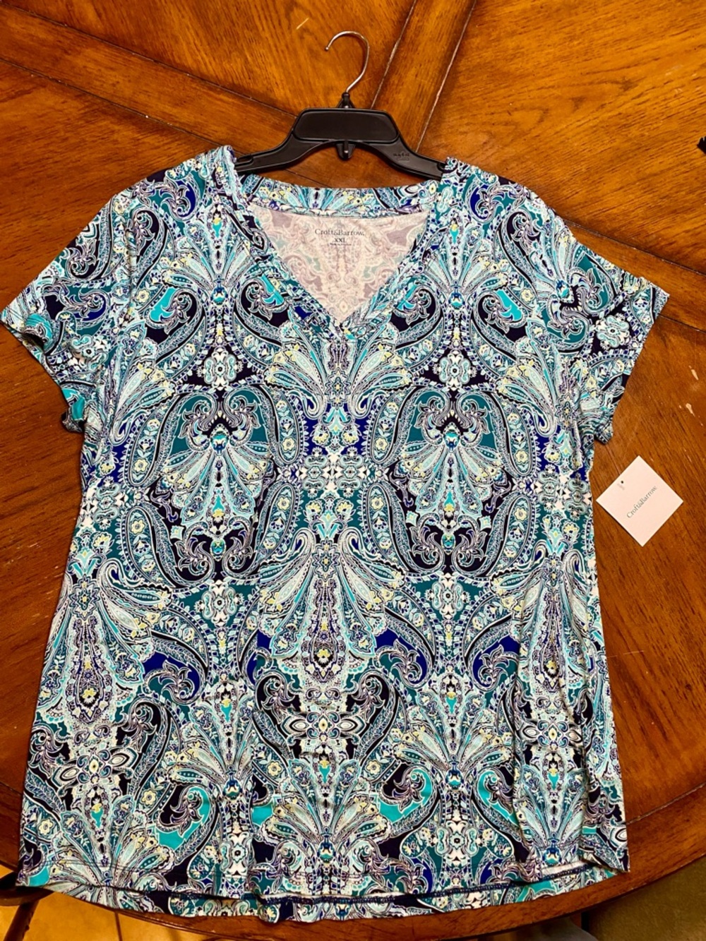 NWT Croft & Barrow Plus XXL Paisley V Neck T-Shirt Top Blue Green White Yellow